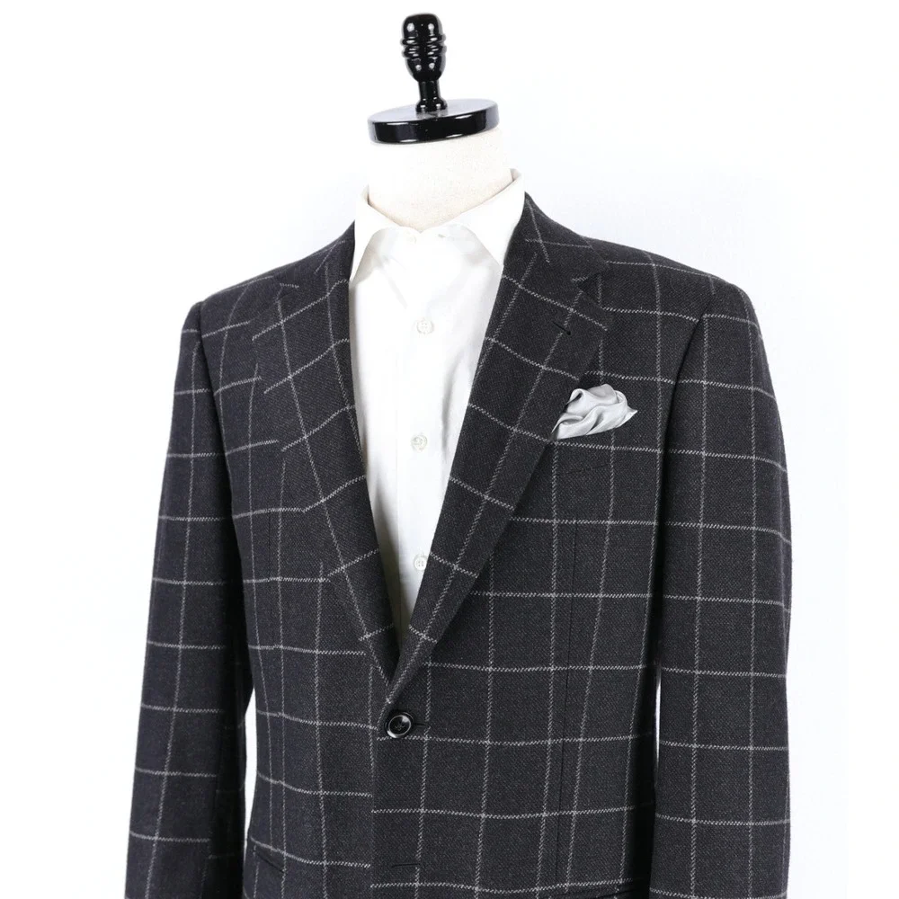 Armani Collezioni Blazer Mens 40R Black Gray Windowpane Cashmere Made in Italy